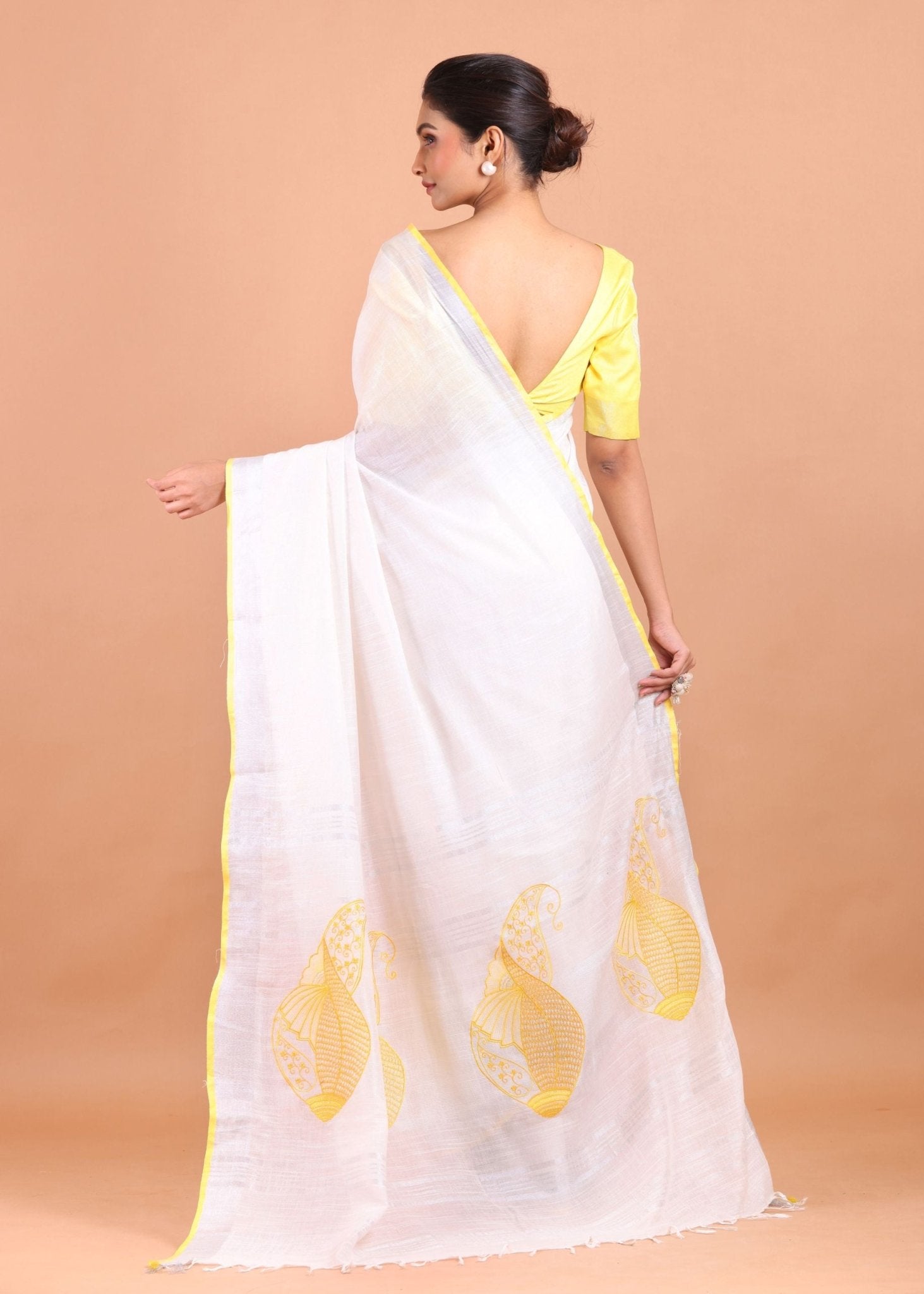 White Linen Saree with Yellow Border and Embroidery Work - Anvi Couture