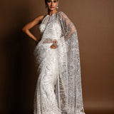 White Net Paisley Sequin Designer Saree with Halter Neck Blouse - Elegant Indian Wear - Anvi Couture
