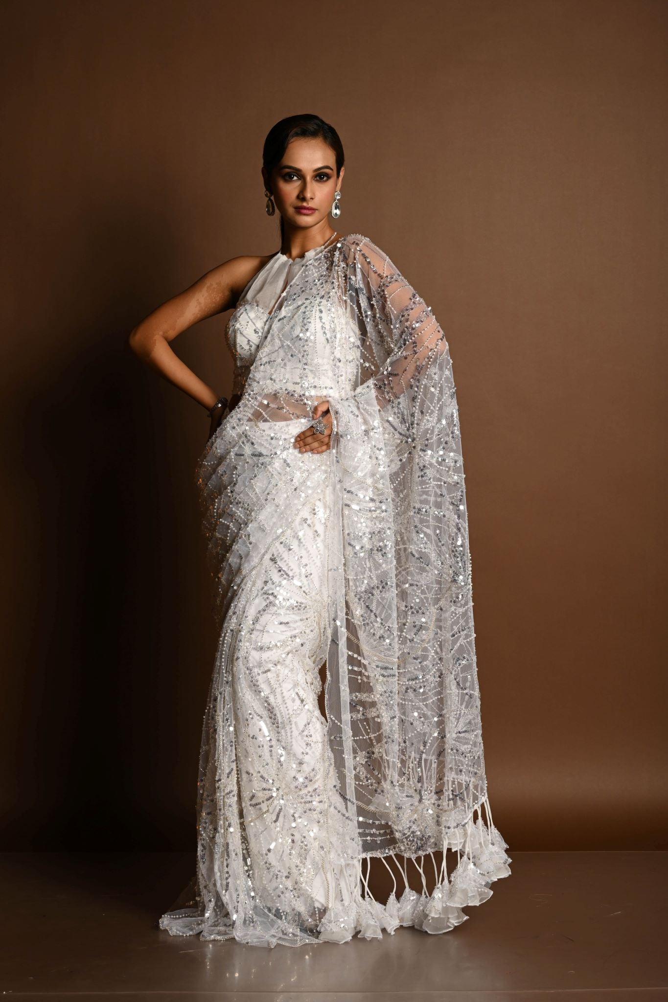 White Net Paisley Sequin Designer Saree with Halter Neck Blouse - Elegant Indian Wear - Anvi Couture