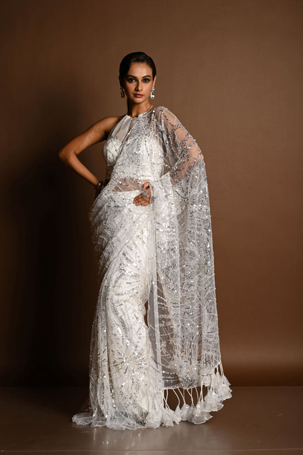 White Net Paisley Sequin Designer Saree with Halter Neck Blouse - Elegant Indian Wear - Anvi Couture