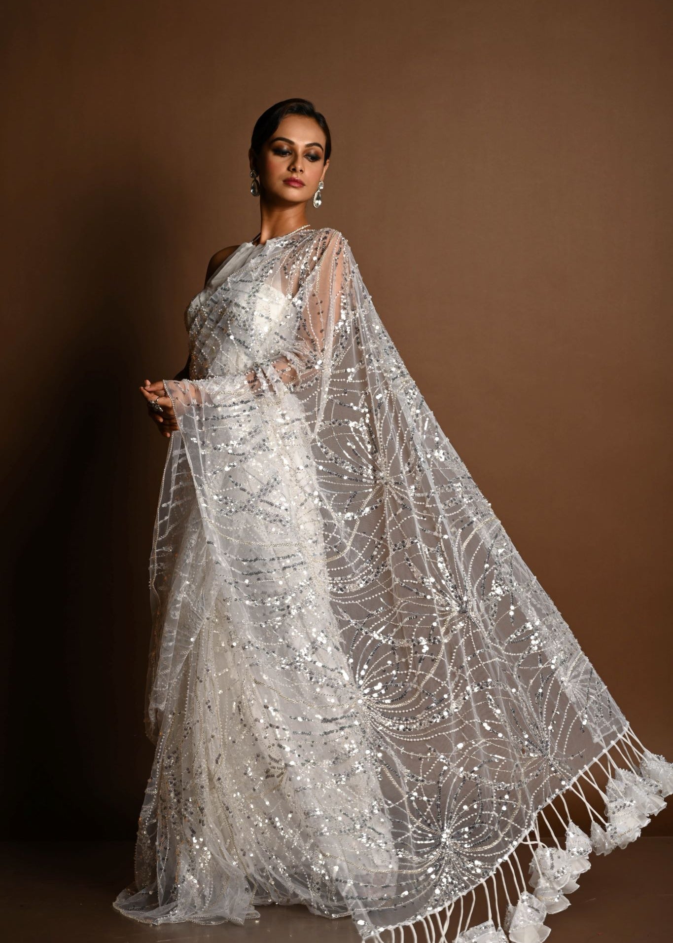 White Net Paisley Sequin Saree with Halter Neck Blouse