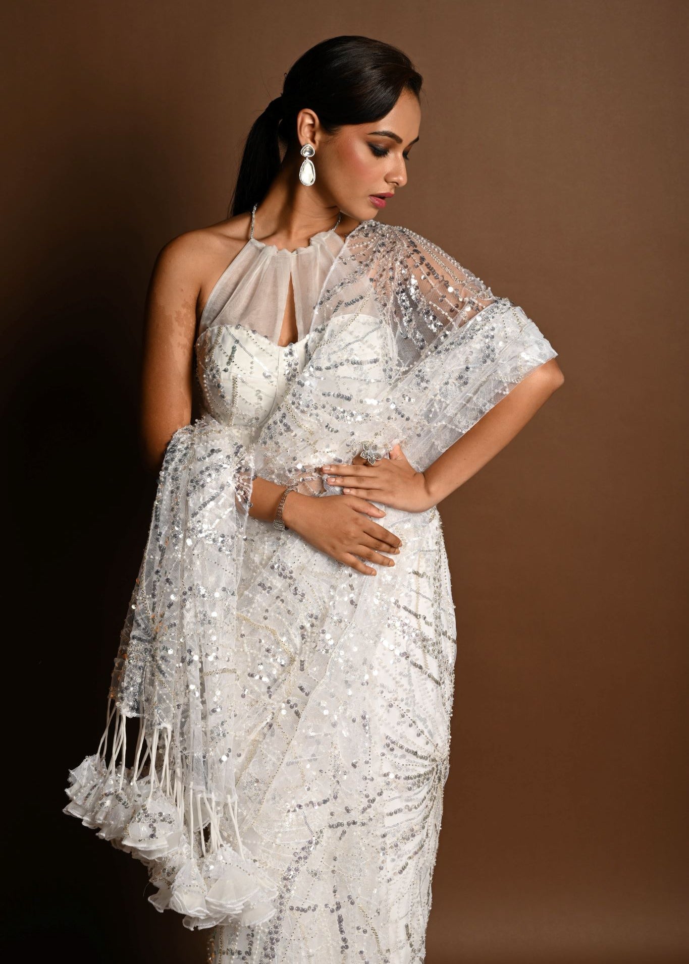 Luxury White Net Saree for Weddings with Halter Neck Blouse