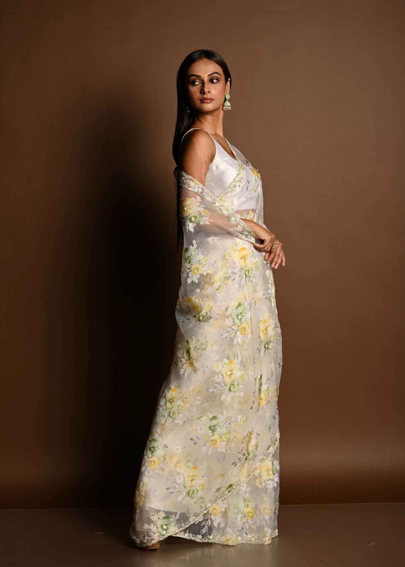 White Net Saree with Multicolored Floral Embroidery and Cutdana Border - Anvi Couture