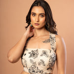 White Organza Blouse with Black Floral Embroidered Work - Anvi Couture