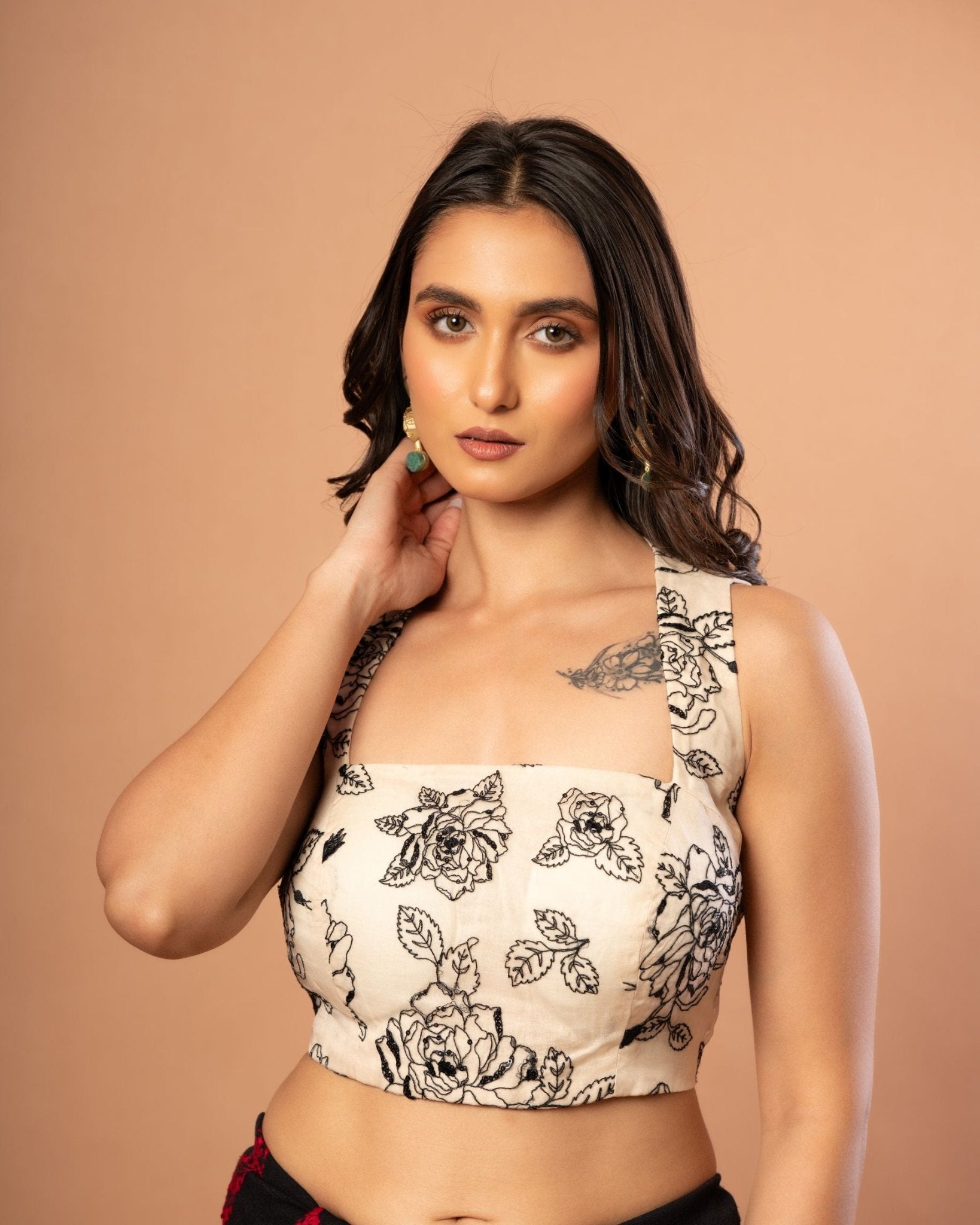 White Organza Blouse with Black Floral Embroidered Work - Anvi Couture