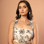 White Organza Blouse with Black Floral Embroidered Work - Anvi Couture