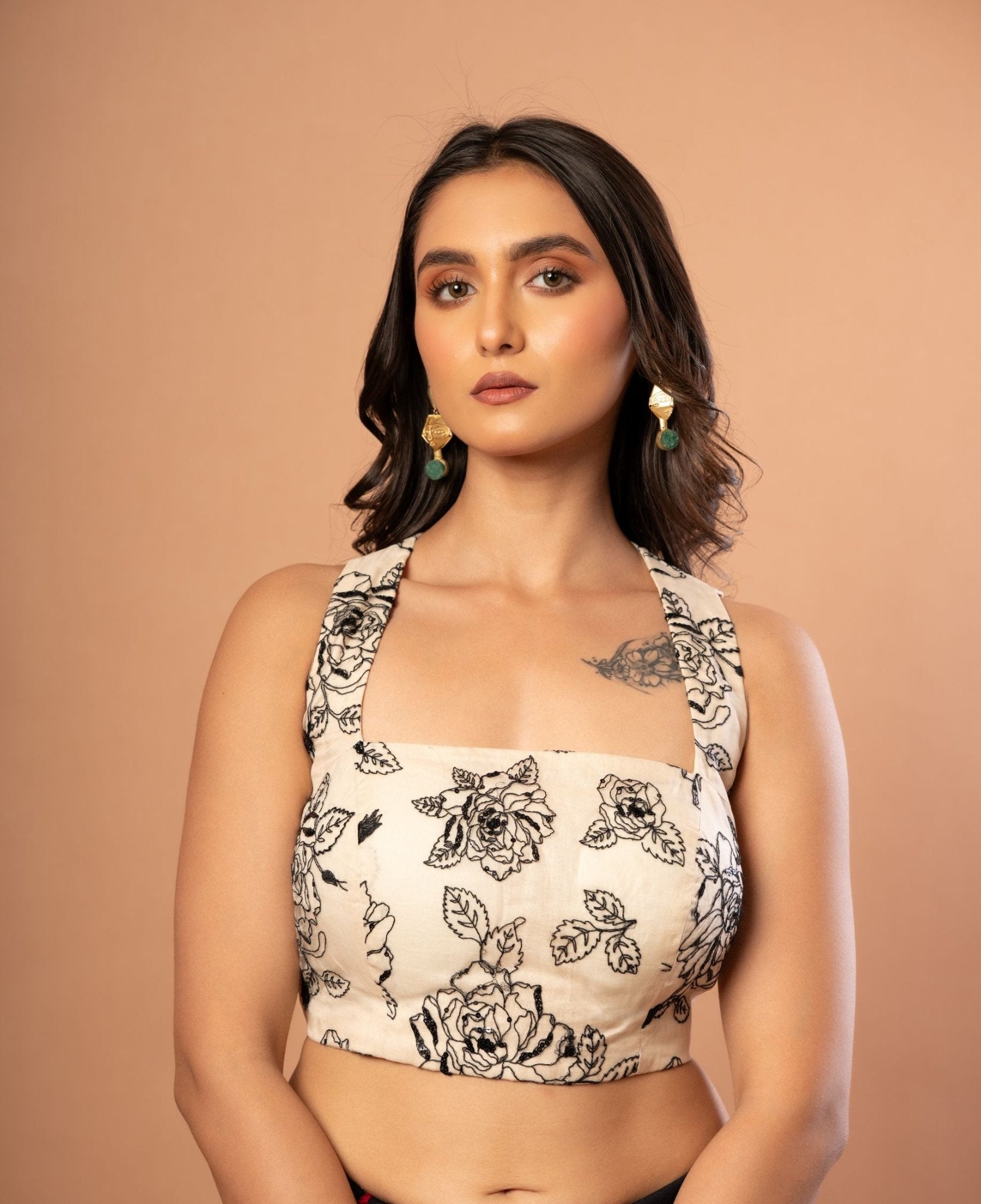 White Organza Blouse with Black Floral Embroidered Work - Anvi Couture