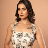 White Organza Blouse with Black Floral Embroidered Work - Anvi Couture