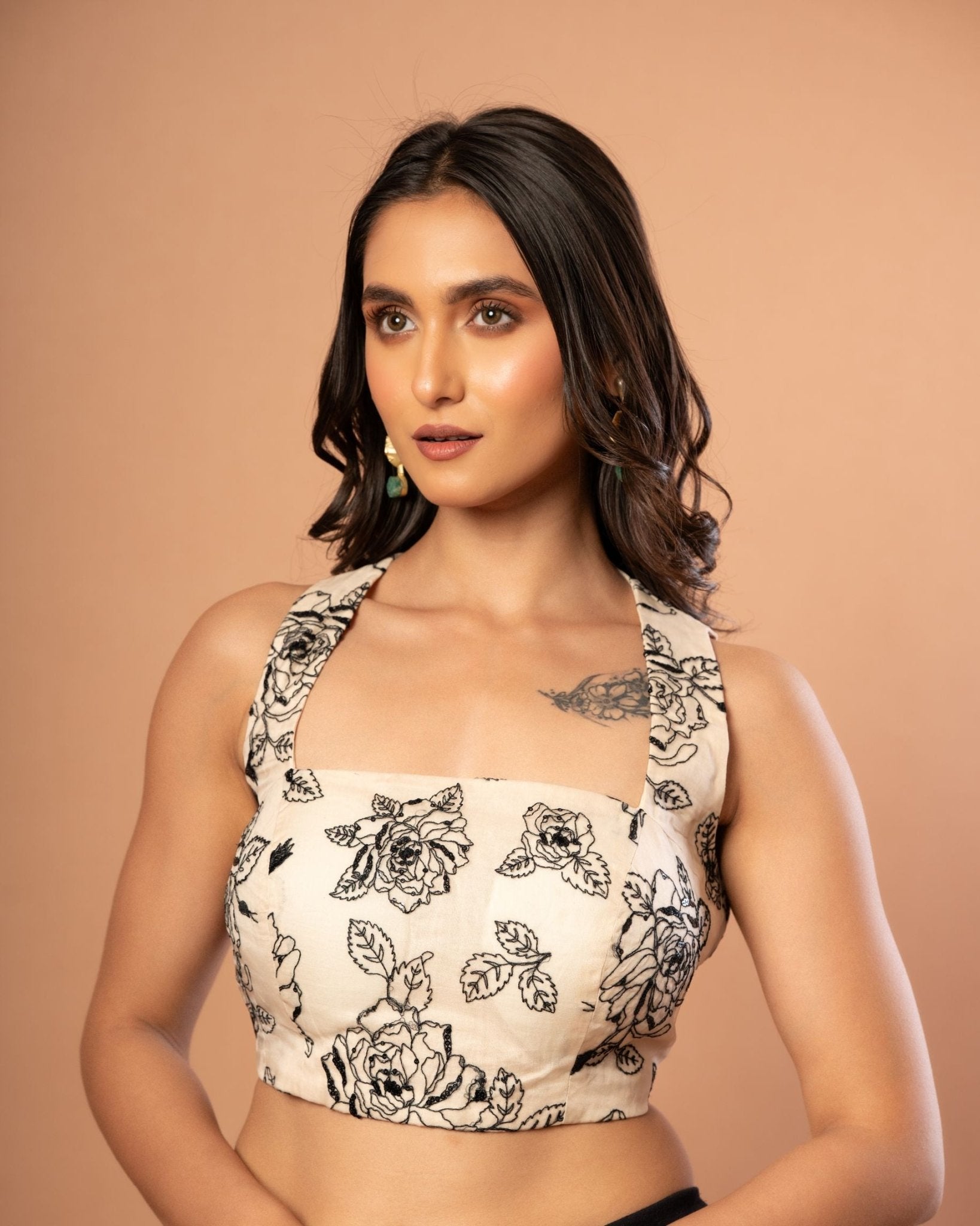 White Organza Blouse with Black Floral Embroidered Work - Anvi Couture