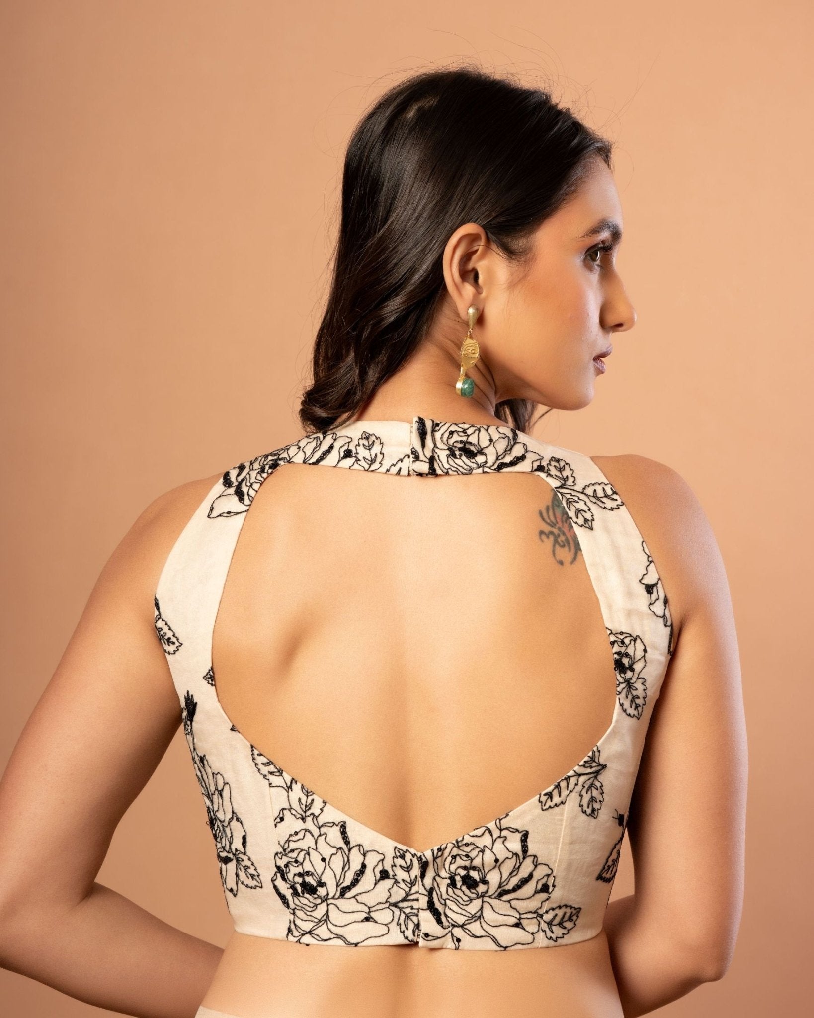 White Organza Blouse with Black Floral Embroidered Work - Anvi Couture