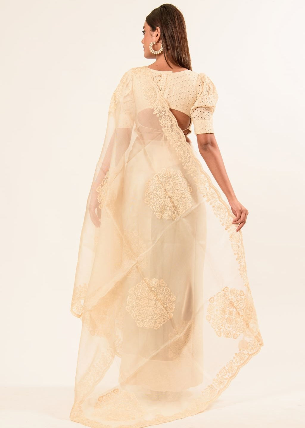 White Organza Saree with Floral Embroidered Work - Anvi Couture