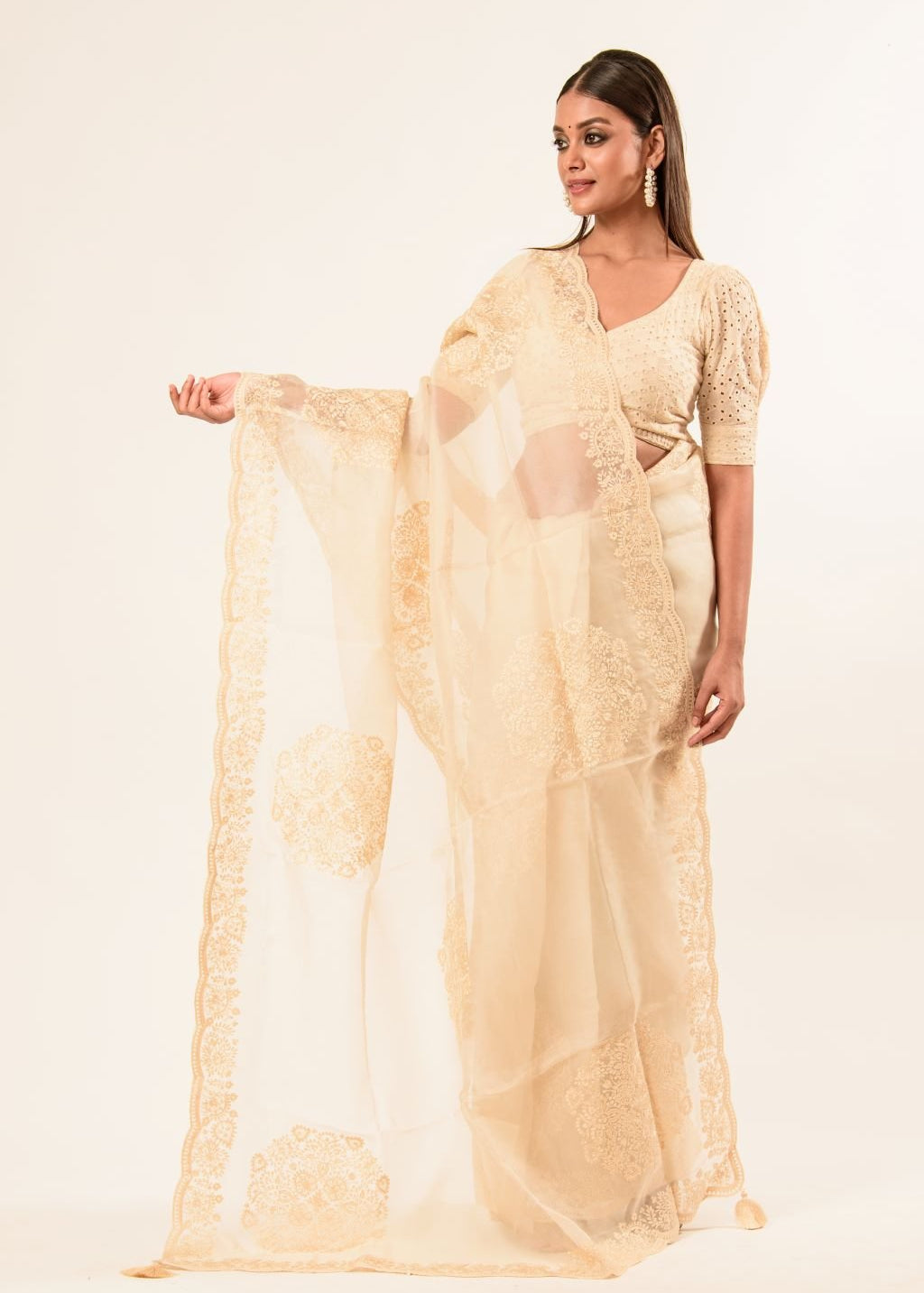 White Organza Saree with Floral Embroidered Work - Anvi Couture