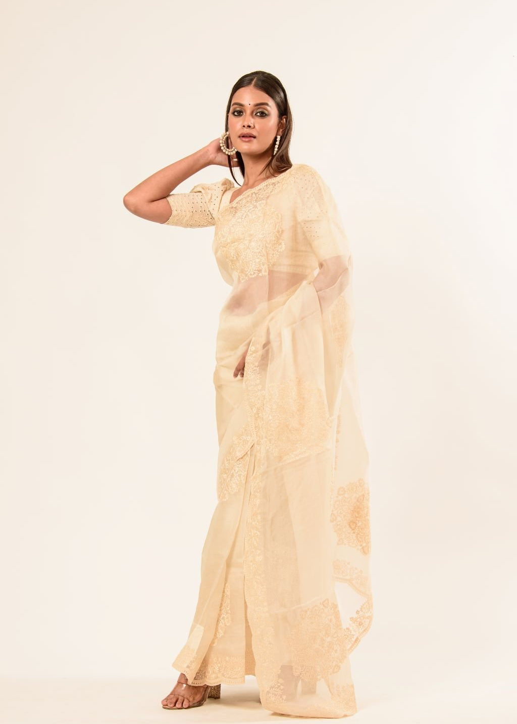 White Organza Saree with Floral Embroidered Work - Anvi Couture