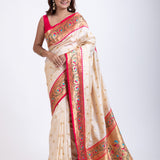 White Paithani Silk Saree With Pink Contrast Border and Pallu Full
