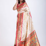 White Paithani Silk Saree With Pink Contrast Border and Pallu Front

