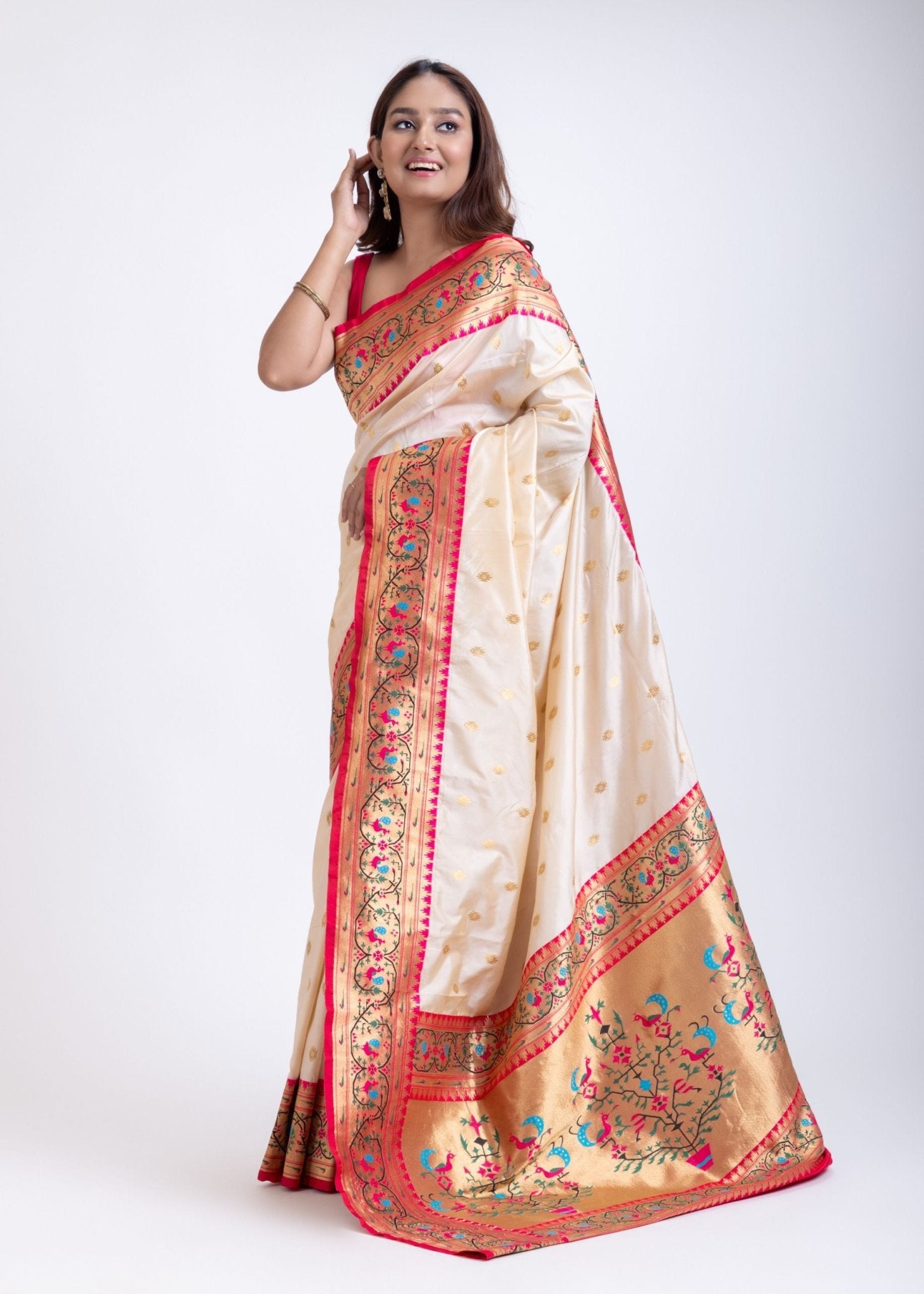 White Paithani Silk Saree With Pink Contrast Border and Pallu - Anvi Couture