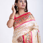 White Paithani Silk Saree With Pink Contrast Border and Pallu Close Up
