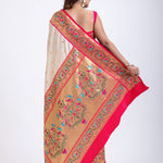 White Paithani Silk Saree With Pink Contrast Border and Pallu Back
