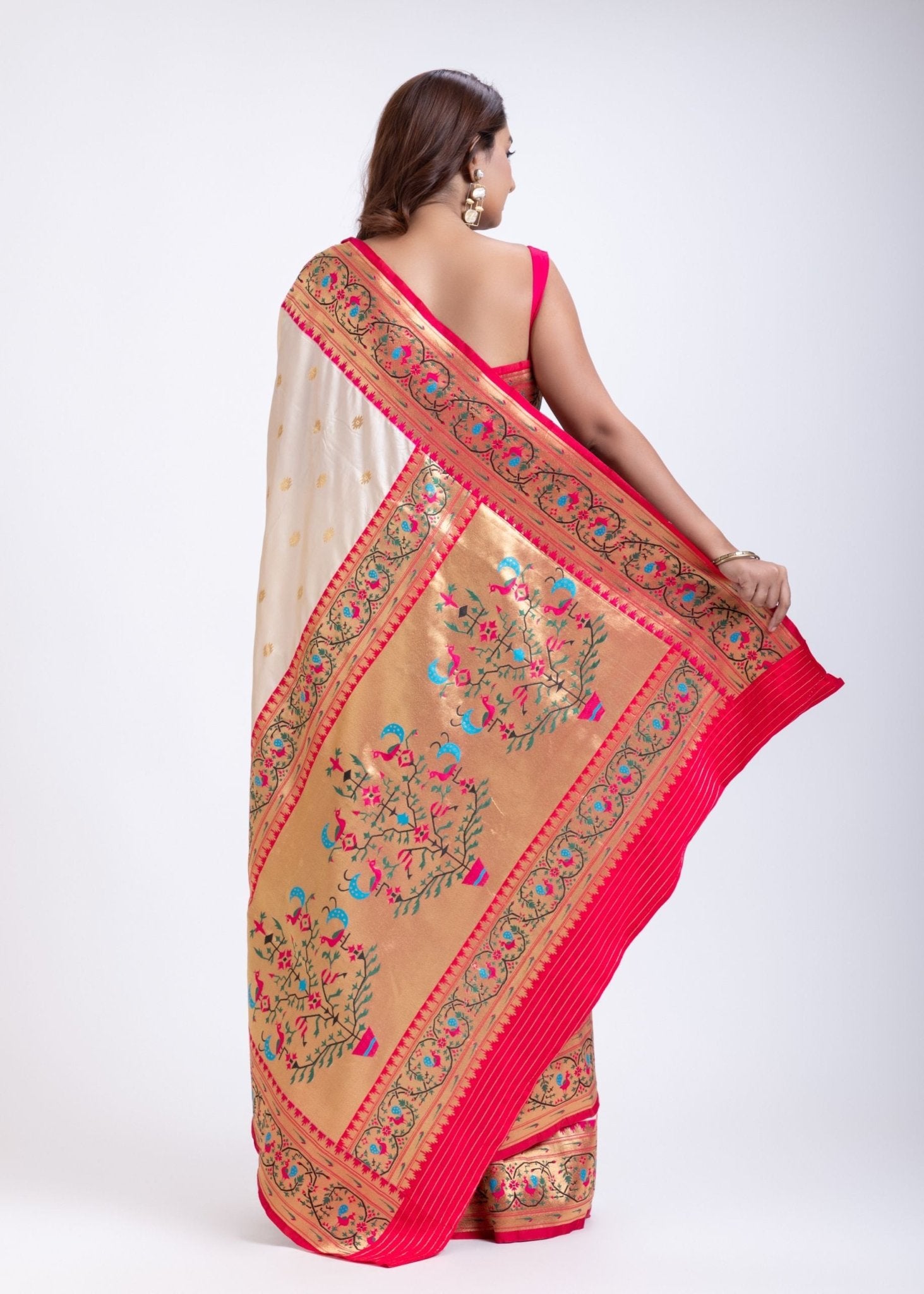 White Paithani Silk Saree With Pink Contrast Border and Pallu - Anvi Couture