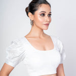 White Puff Sleeves Cotton Silk U - Neck Blouse With U - Back Clouser - Anvi Couture