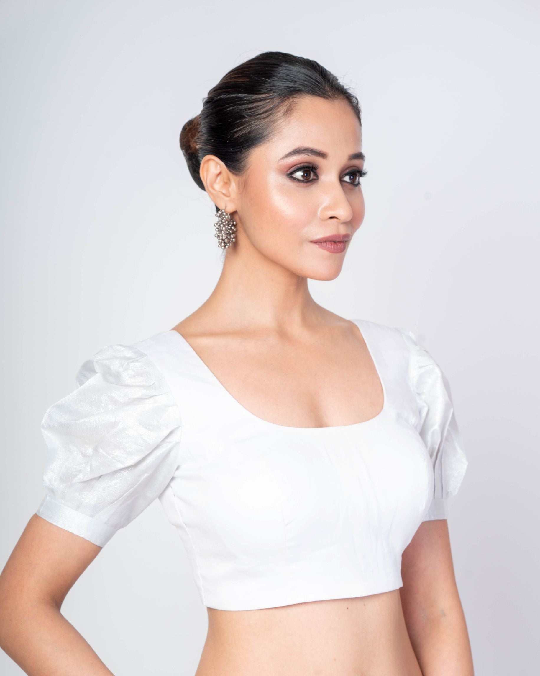 White Puff Sleeves Cotton Silk U - Neck Blouse With U - Back Clouser - Anvi Couture