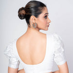 White Puff Sleeves Cotton Silk U - Neck Blouse With U - Back Clouser - Anvi Couture