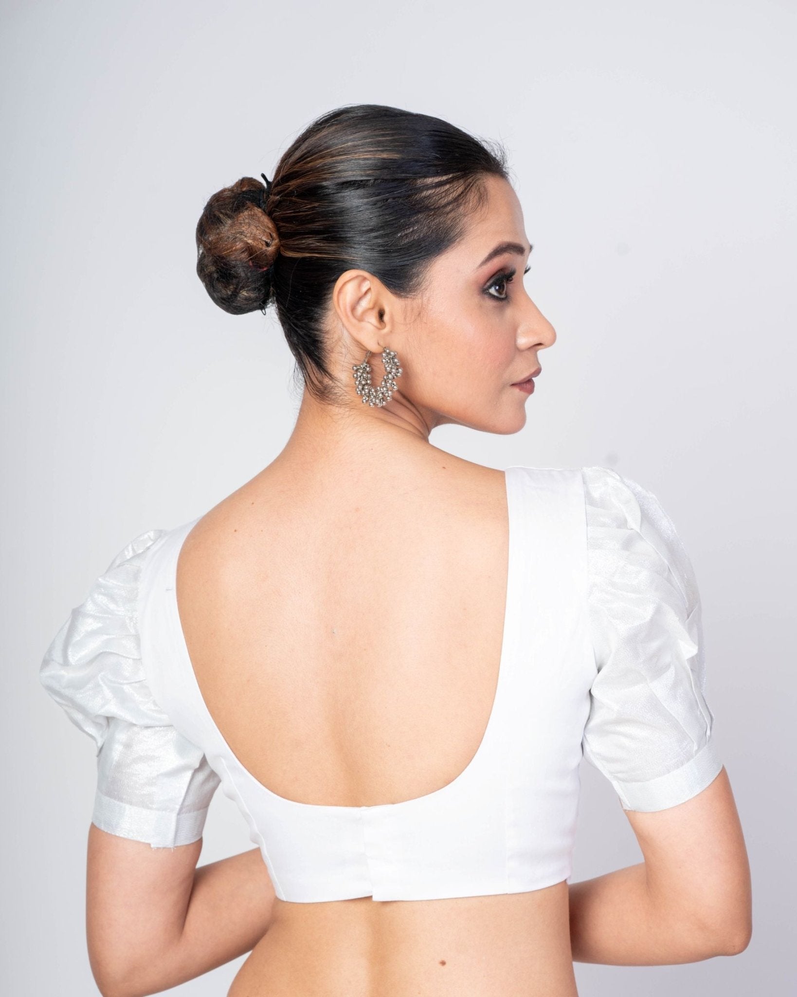 White Puff Sleeves Cotton Silk U - Neck Blouse With U - Back Clouser - Anvi Couture