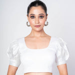 White Puff Sleeves Cotton Silk U - Neck Blouse With U - Back Clouser - Anvi Couture