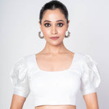 White Puff Sleeves Cotton Silk U - Neck Blouse With U - Back Clouser - Anvi Couture