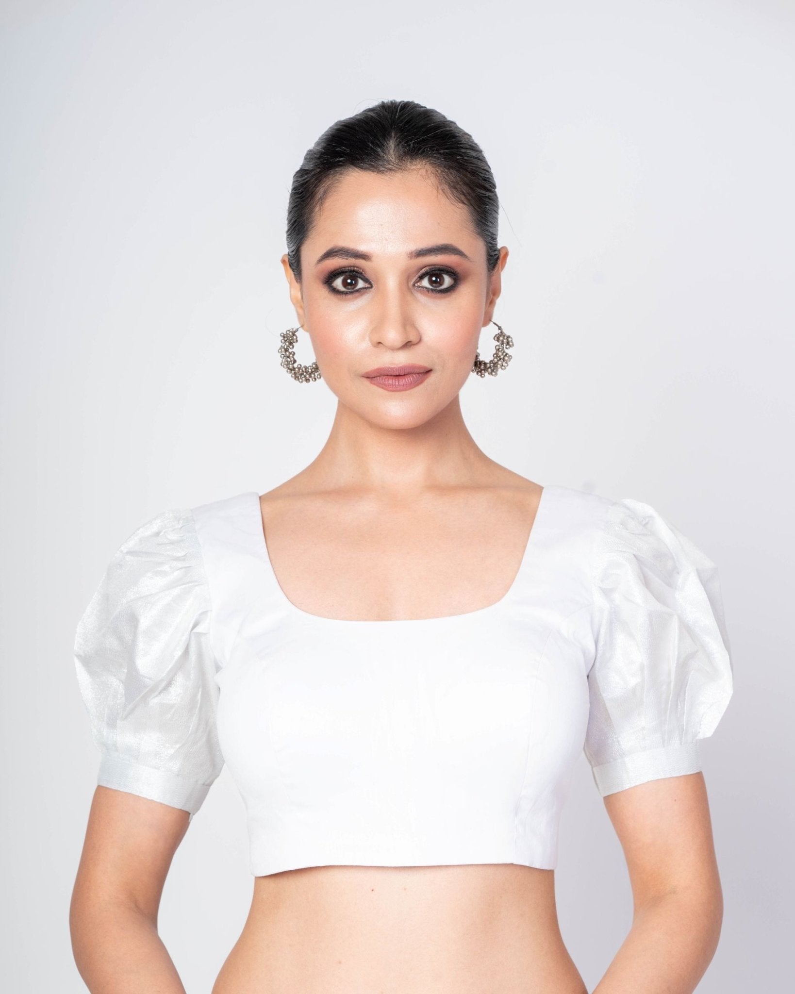 White Puff Sleeves Cotton Silk U - Neck Blouse With U - Back Clouser - Anvi Couture