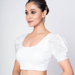 White Puff Sleeves Cotton Silk U - Neck Blouse With U - Back Clouser - Anvi Couture
