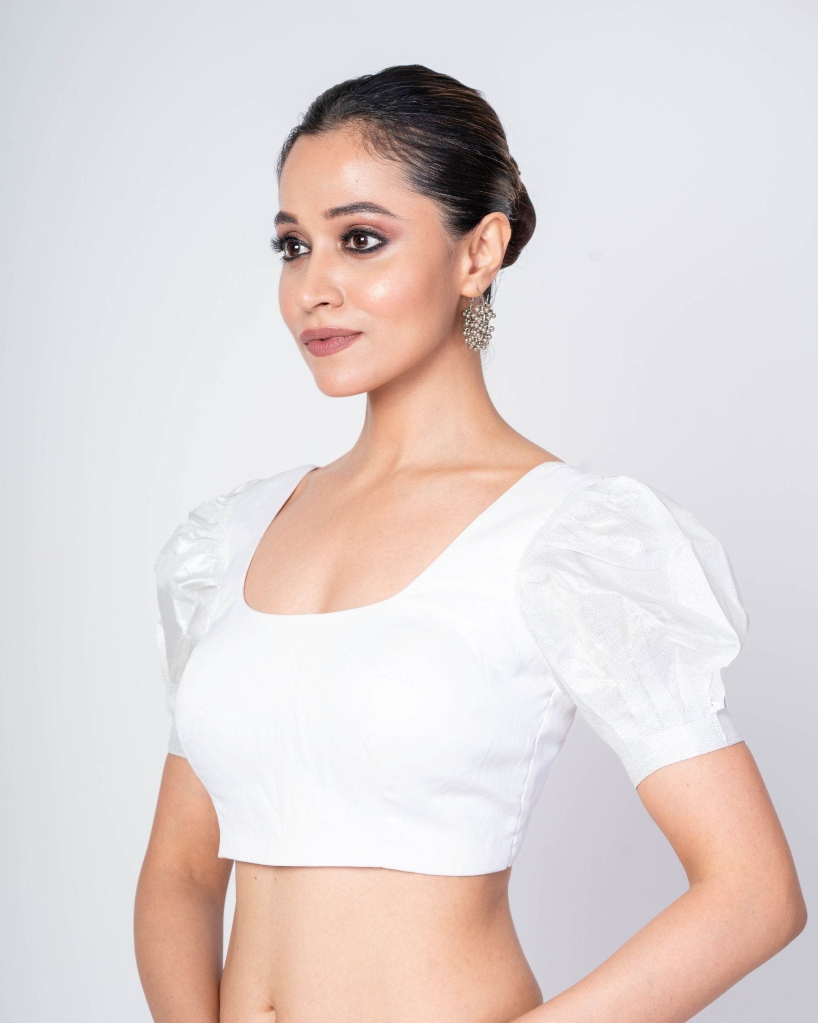 White Puff Sleeves Cotton Silk U - Neck Blouse With U - Back Clouser - Anvi Couture