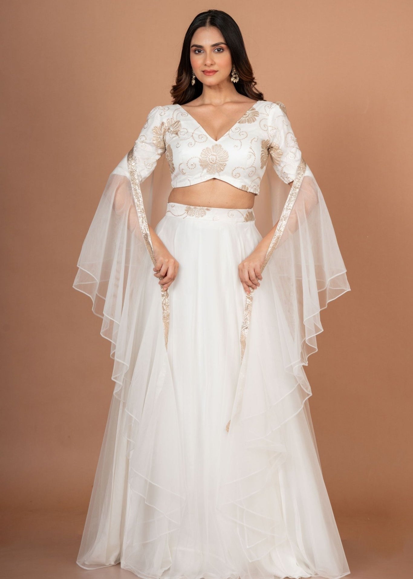 White Ruffle lehenga Set in Pure Organza - Anvi Couture