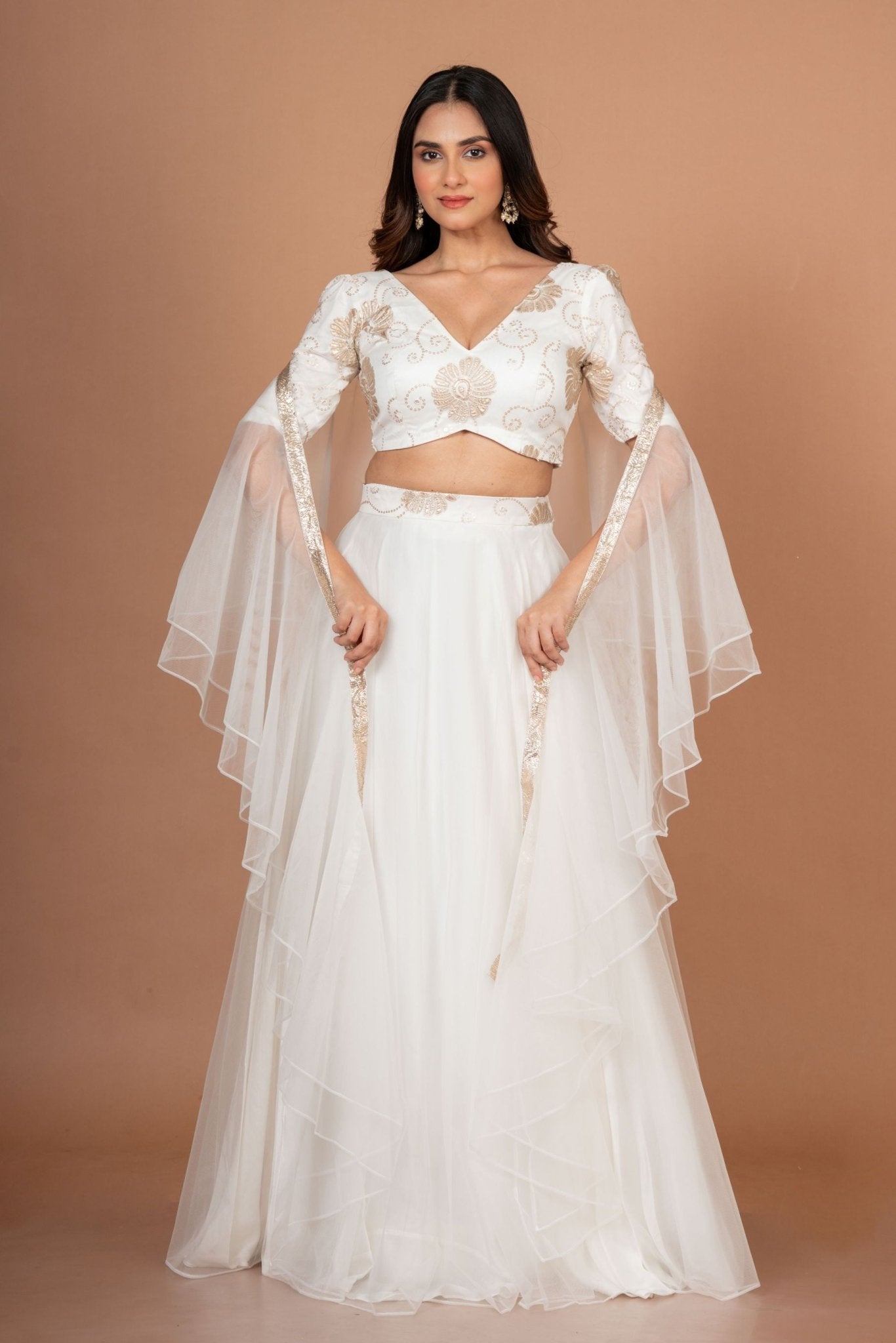 White Ruffle lehenga Set in Pure Organza - Anvi Couture