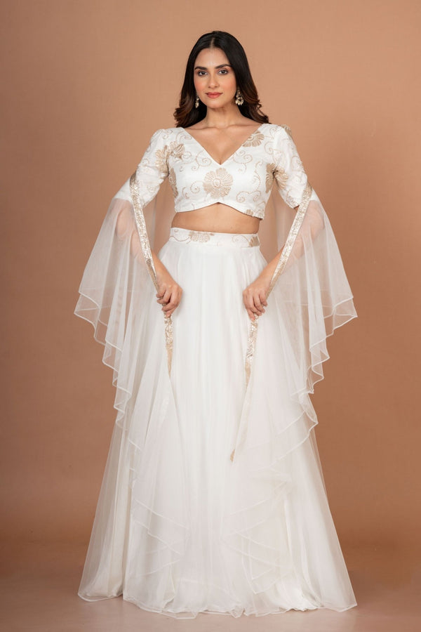 White Ruffle lehenga Set in Pure Organza - Anvi Couture