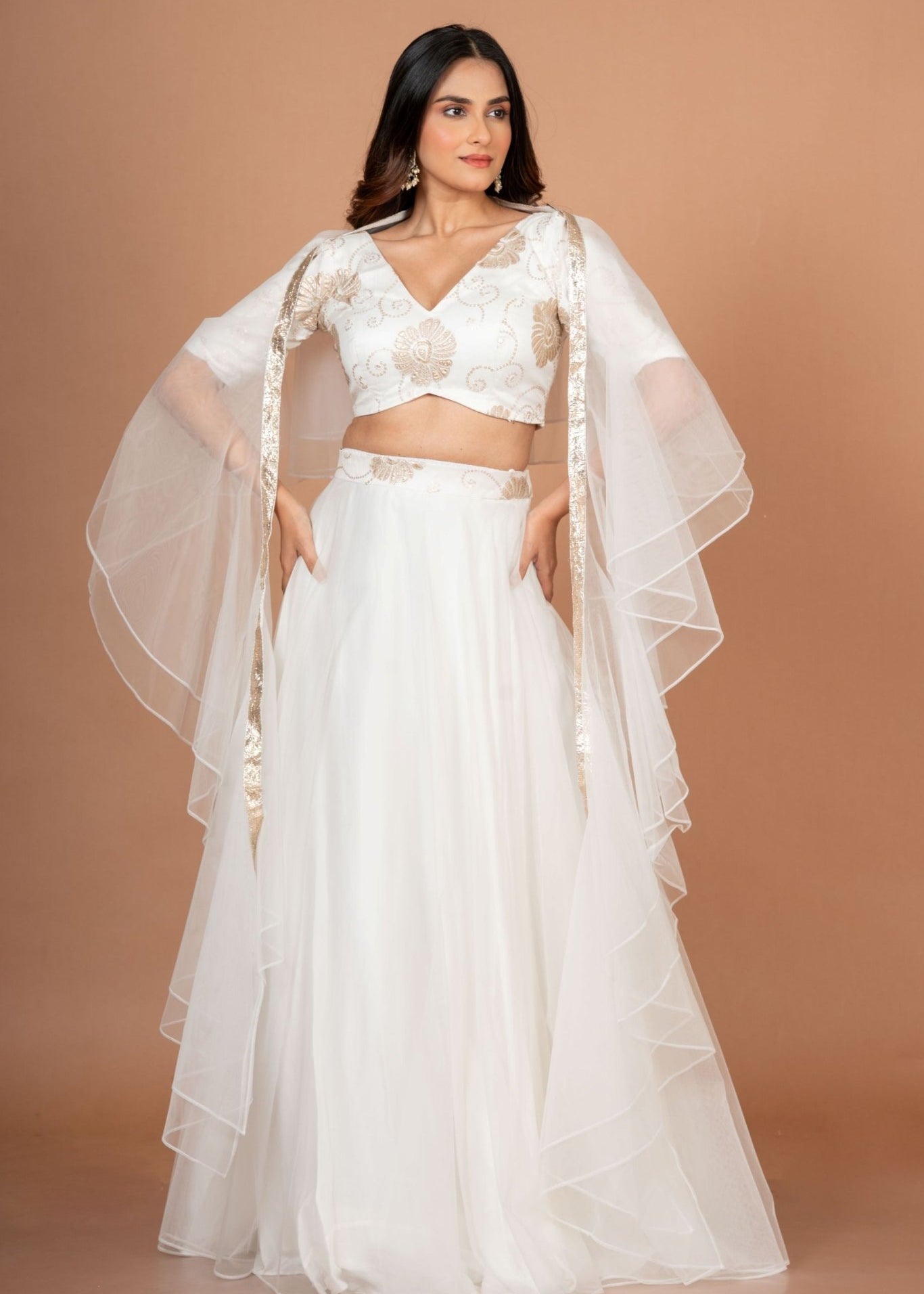 White Ruffle lehenga Set in Pure Organza - Anvi Couture