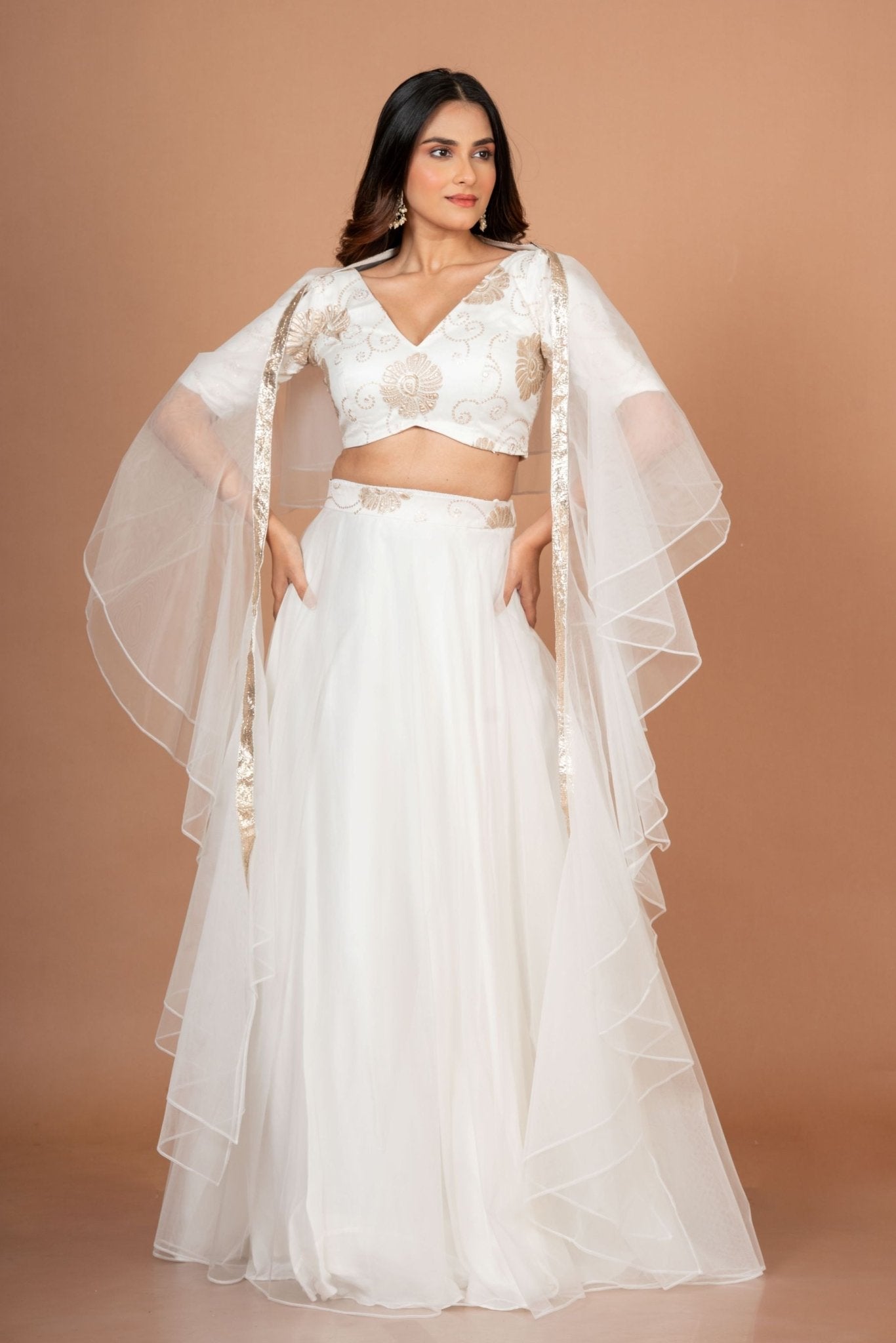 White Ruffle lehenga Set in Pure Organza - Anvi Couture