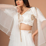 White Ruffle lehenga Set in Pure Organza Close Up
