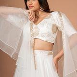 White Ruffle lehenga Set in Pure Organza Close Up

