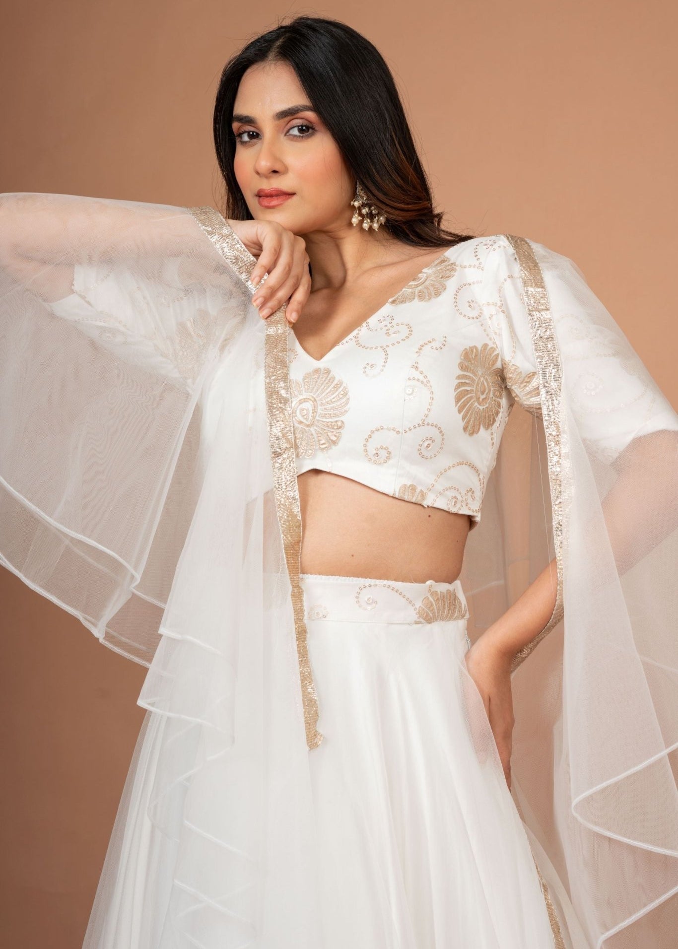 White Ruffle lehenga Set in Pure Organza - Anvi Couture