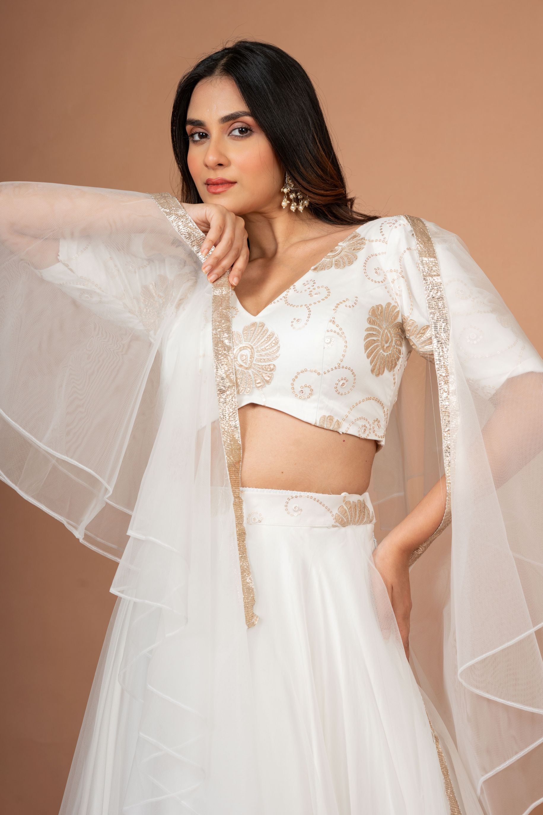 White Ruffle lehenga Set in Pure Organza Close Up
