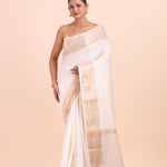 White Soft Silk Saree with Golden Border full