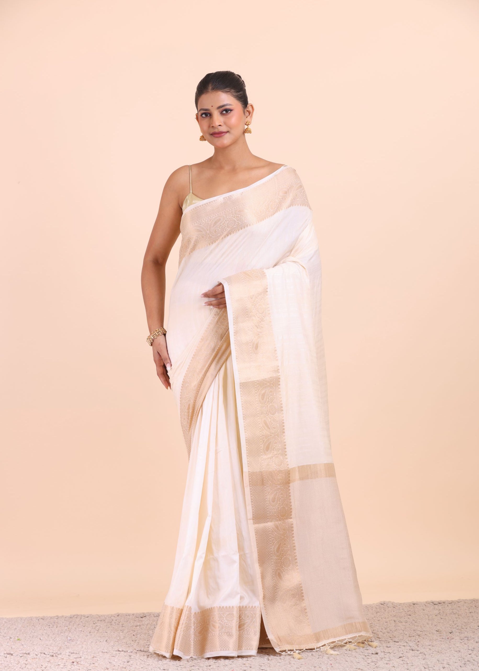 White Soft Silk Saree with Golden Border full