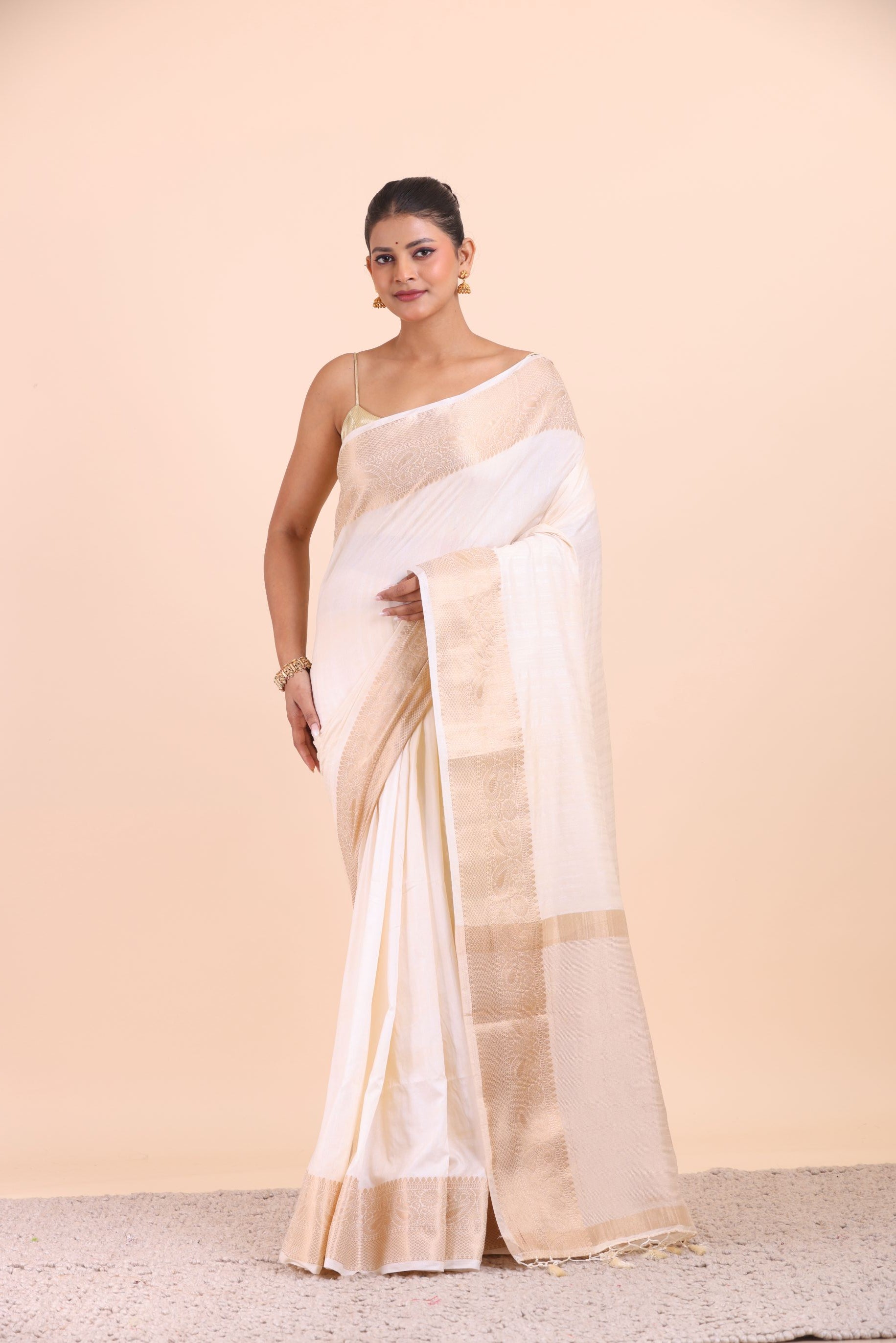 White Soft Silk Saree with Golden Border full