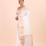 White Soft Silk Saree with Golden Border front