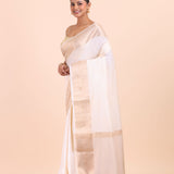 White Soft Silk Saree with Golden Border front