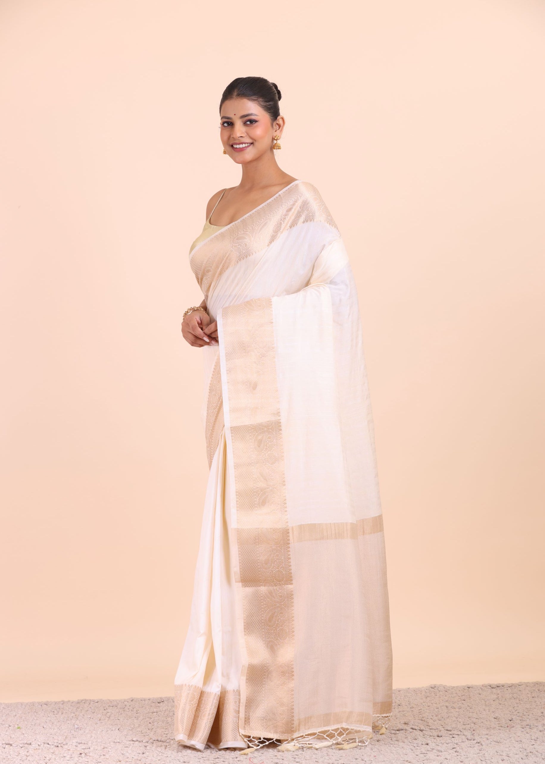 White Soft Silk Saree with Golden Border front