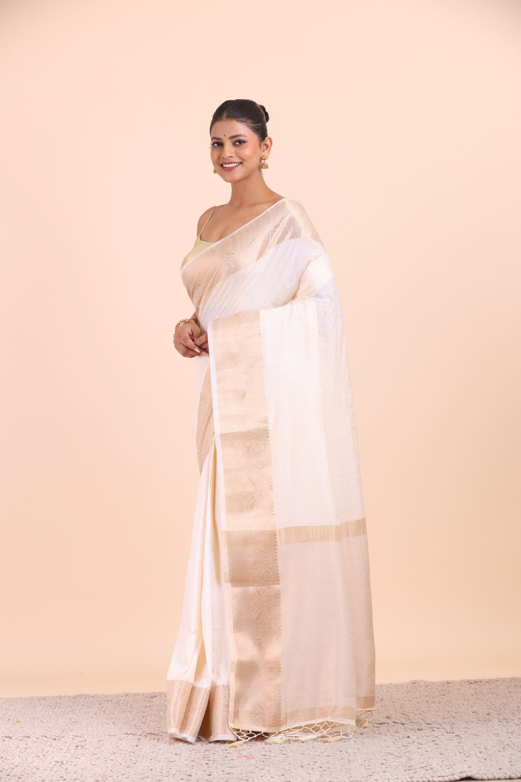 White Soft Silk Saree with Golden Border front