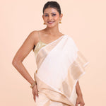 White Soft Silk Saree with Golden Border close up