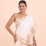 White Soft Silk Saree with Golden Border close up